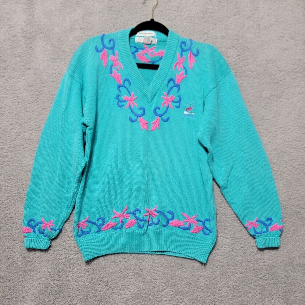 Vintage 80s Izod Club Embroidered‎ Sweater V Neck Women’s Medium Sand Piper Bay